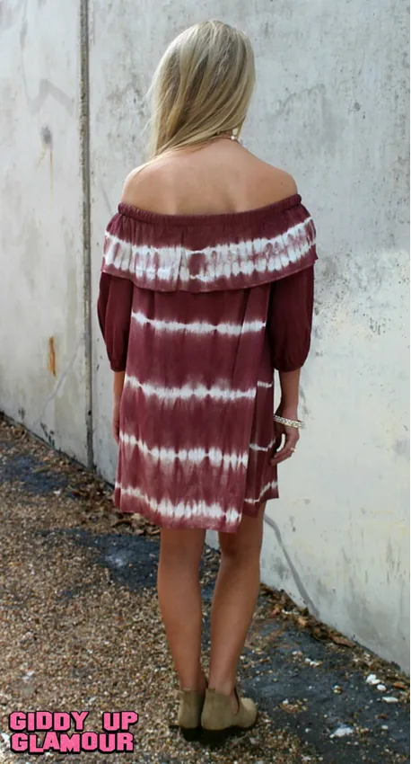 Last Chance Size Small | Hometown Honey Tie Dye Off Shoulder Dress in Maroon