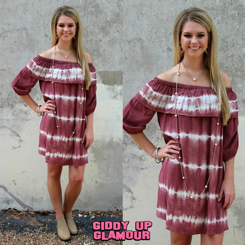 Last Chance Size Small | Hometown Honey Tie Dye Off Shoulder Dress in Maroon