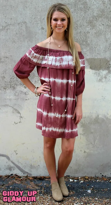 Last Chance Size Small | Hometown Honey Tie Dye Off Shoulder Dress in Maroon