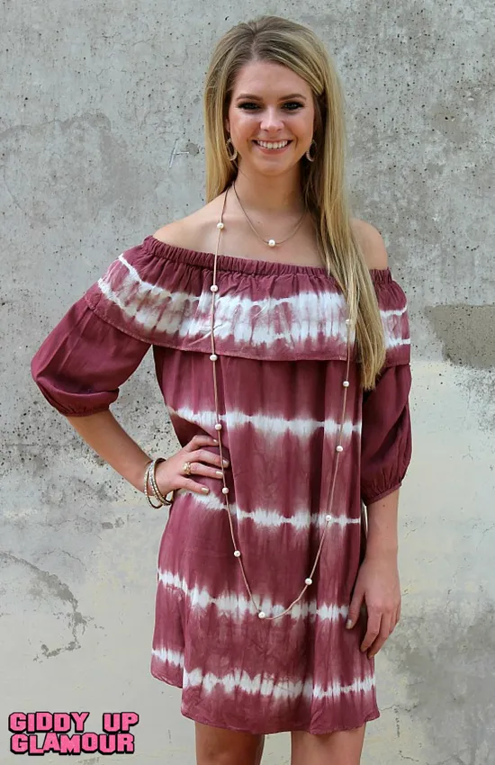 Last Chance Size Small | Hometown Honey Tie Dye Off Shoulder Dress in Maroon