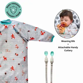 Long Sleeve Coverall & Attachable Handi Cutlery Bundle Woodland Friends Grey