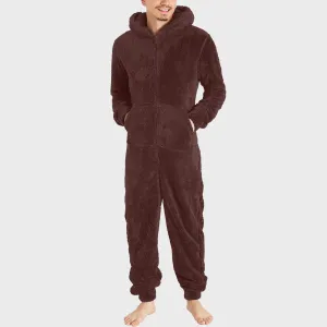 Men Long Sleeve Warm Pajamas Casual Solid Zipper Loose Hooded Jumpsuit Pajama Casual Winter Warm Sleepwear For Man