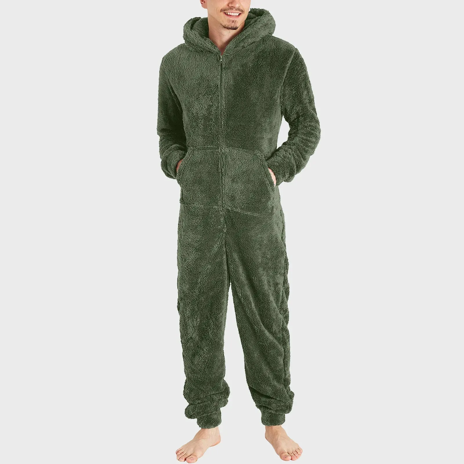 Men Long Sleeve Warm Pajamas Casual Solid Zipper Loose Hooded Jumpsuit Pajama Casual Winter Warm Sleepwear For Man