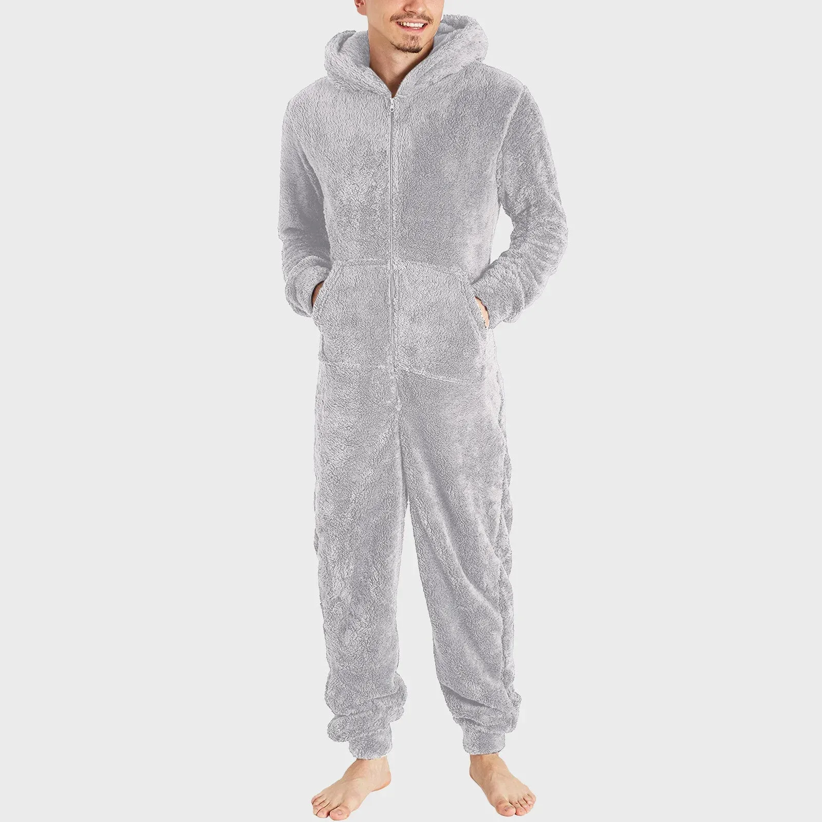 Men Long Sleeve Warm Pajamas Casual Solid Zipper Loose Hooded Jumpsuit Pajama Casual Winter Warm Sleepwear For Man