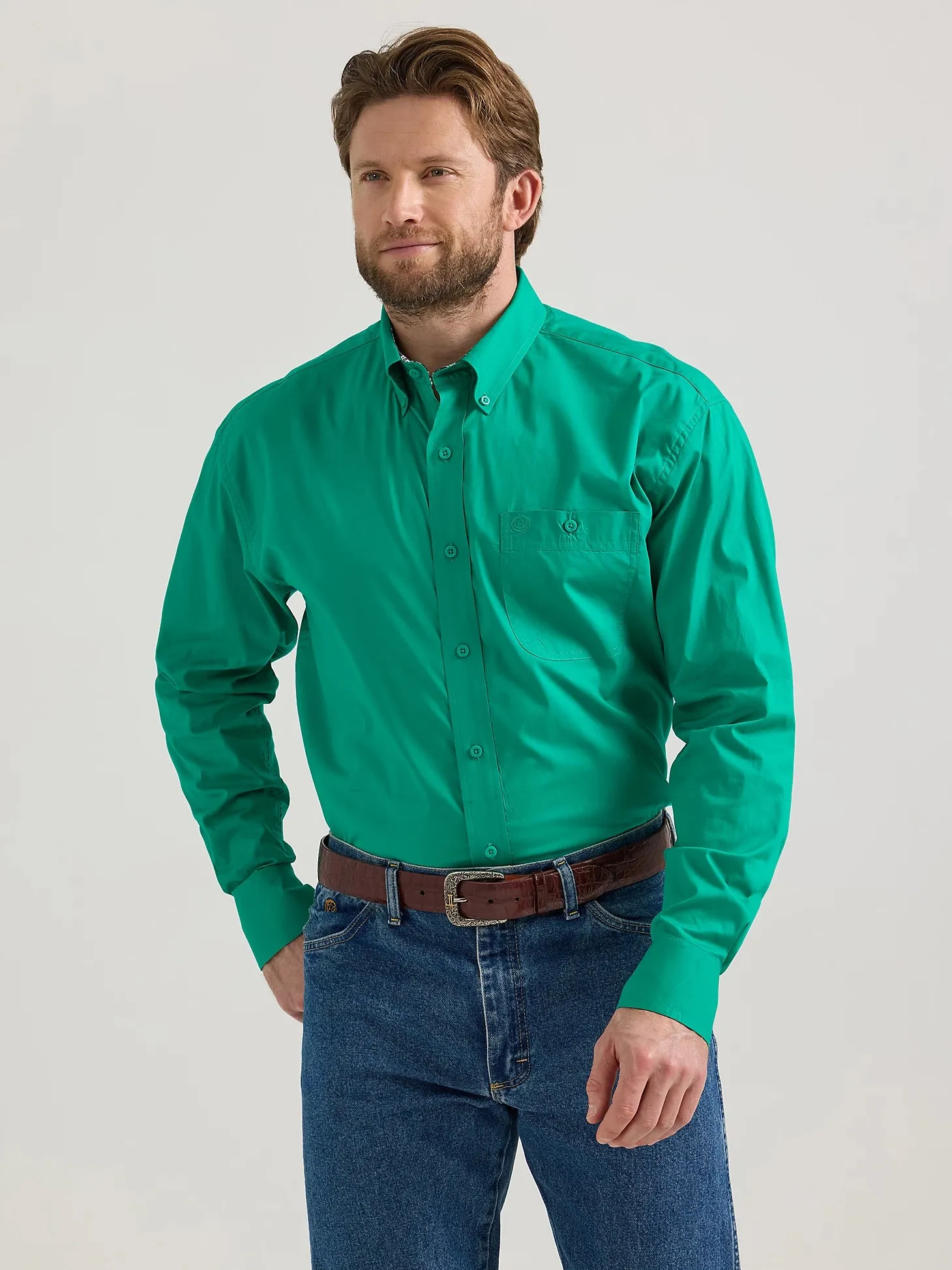 Men's Wrangler George Strait Solid Green Long Sleeve Button Down Shirt