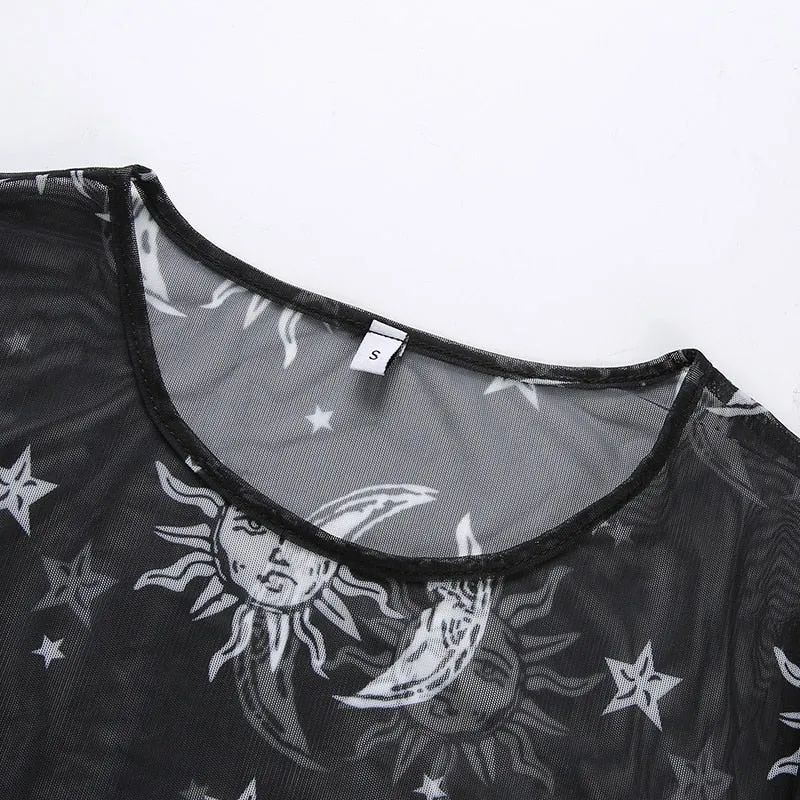 Moon And Galaxy Print Mesh Gothic Crop Top Knitted Slim Transparent Sexy Long Sleeve