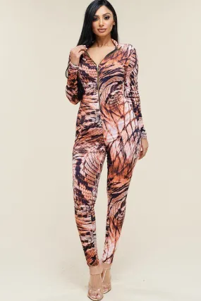 Multi Color Print Long Sleeve Zipper Front Jumpsuit