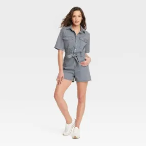 New - Women's Short Sleeve Denim Jumpsuit - Universal Thread Blue 00