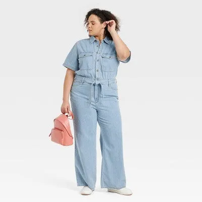 New - Women's Short Sleeve Jumpsuit - Universal Thread Light Wash 24