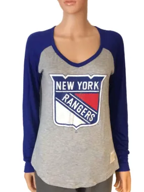 New York Rangers Retro Brand Women Blue Two Tone V-Neck Long Sleeve T-Shirt