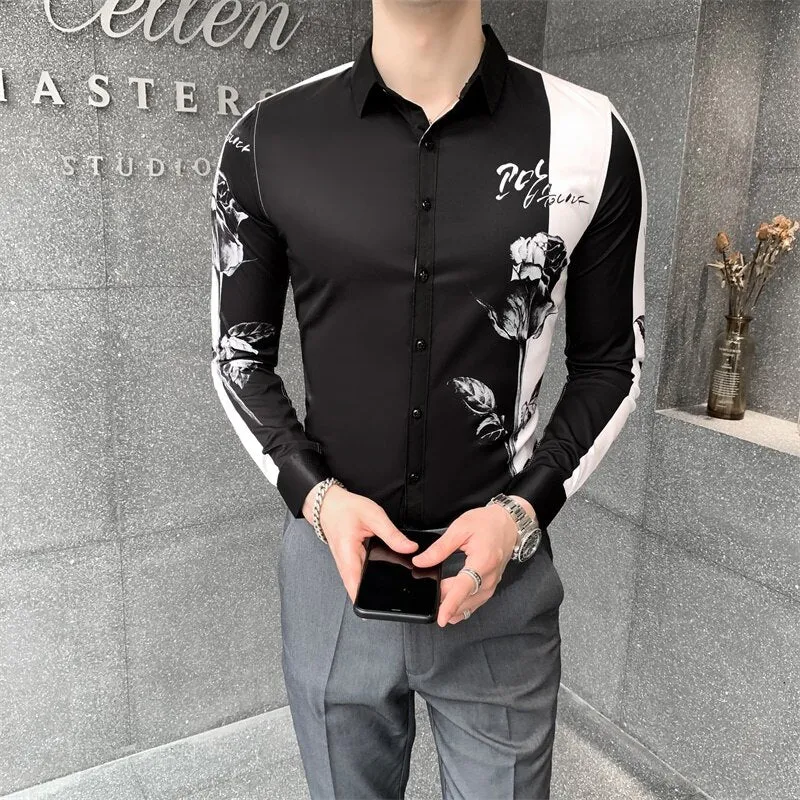 Nsqured Digital Print Patchwork Men's Long Sleeve Shirt