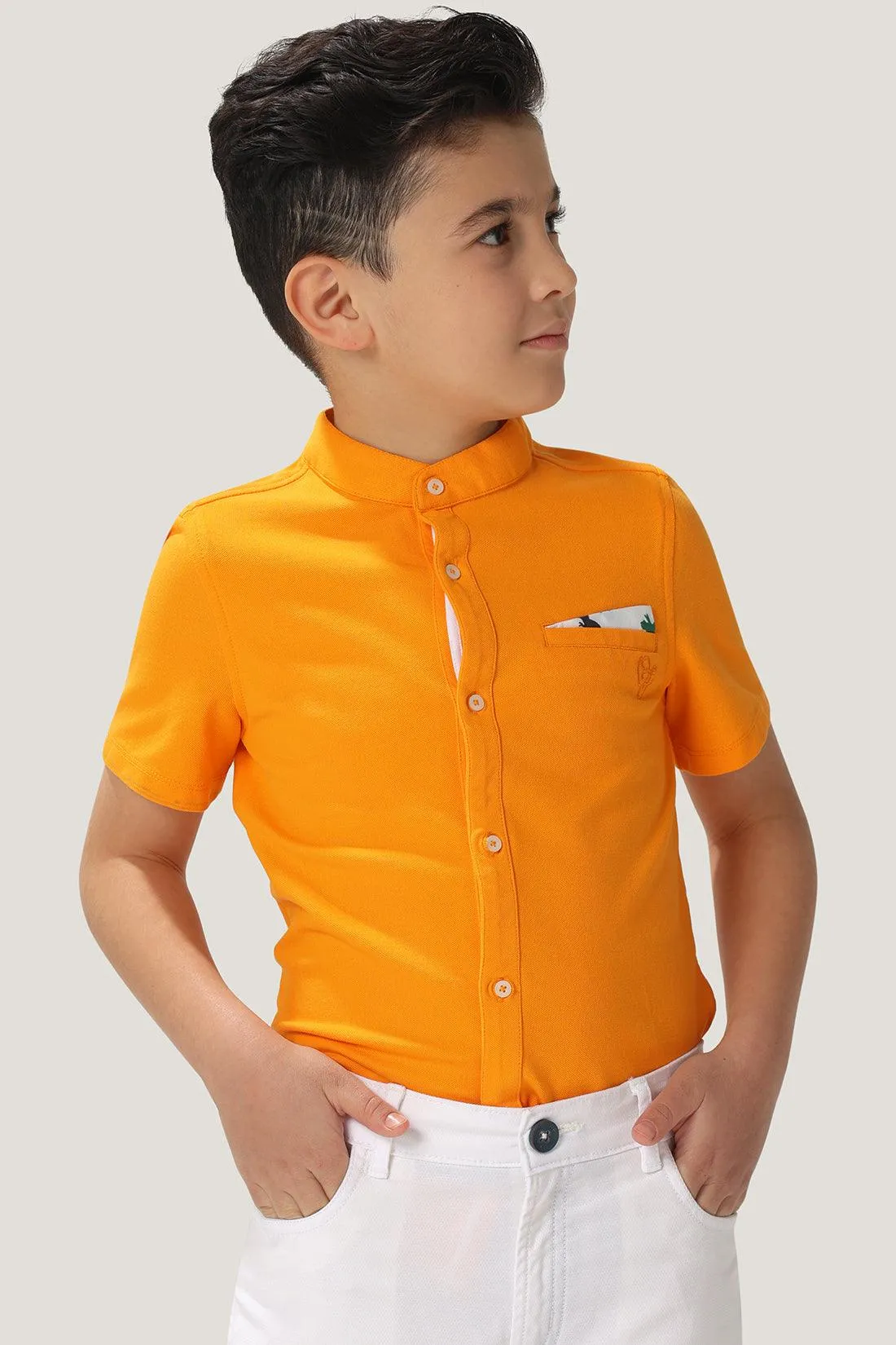 One Friday Kids Boys Orange Cotton Mandarin Collar Shirt