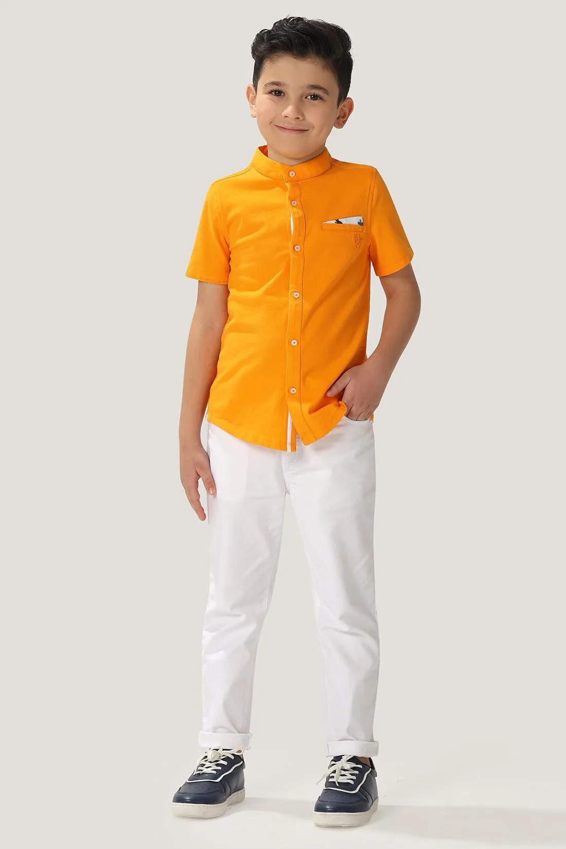 One Friday Kids Boys Orange Cotton Mandarin Collar Shirt