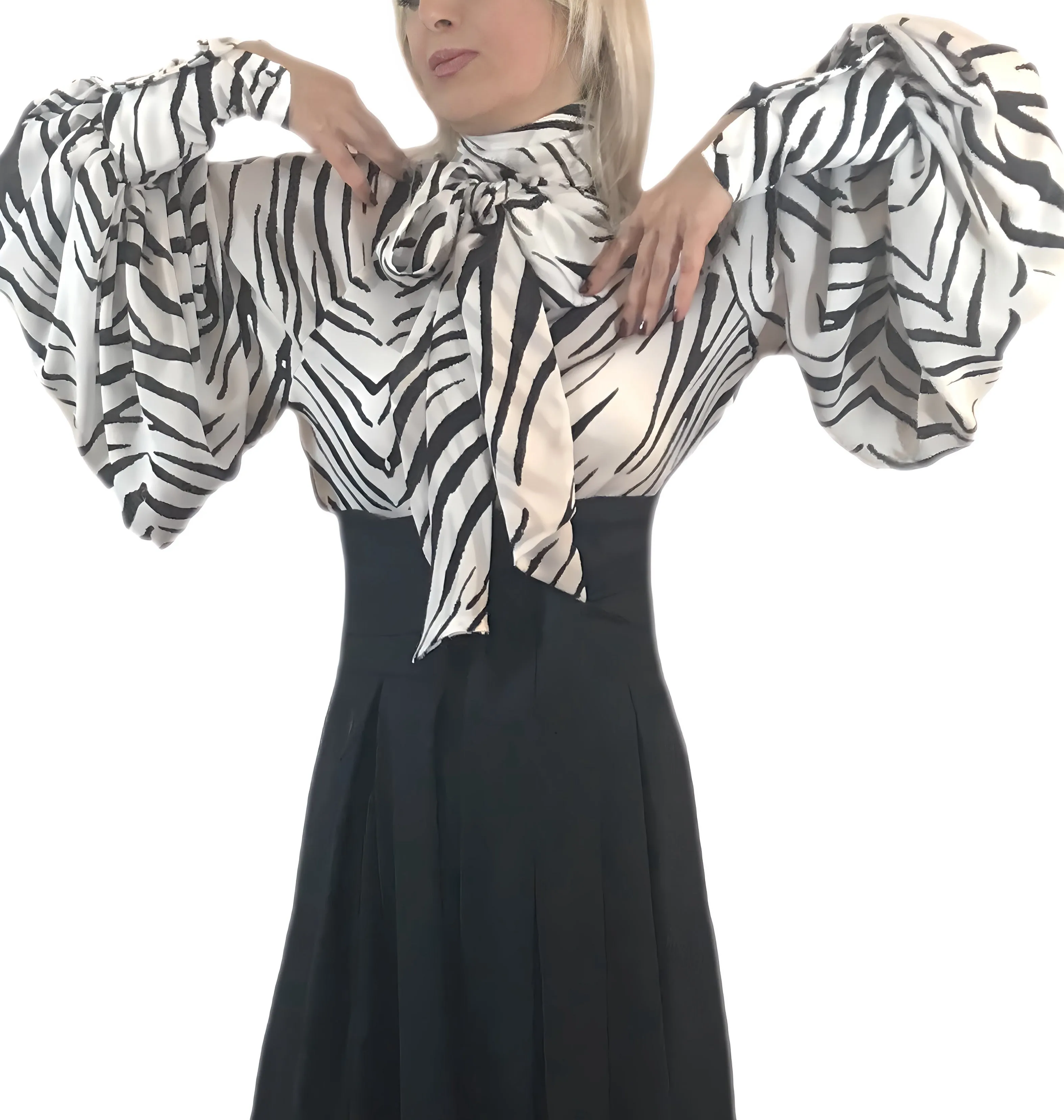 Pissy-Bow Zebra-Print Silk Georgette Balloon Sleeve Shirt