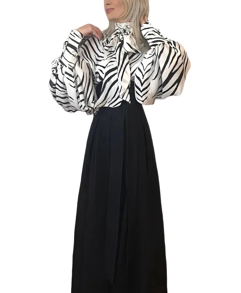 Pissy-Bow Zebra-Print Silk Georgette Balloon Sleeve Shirt