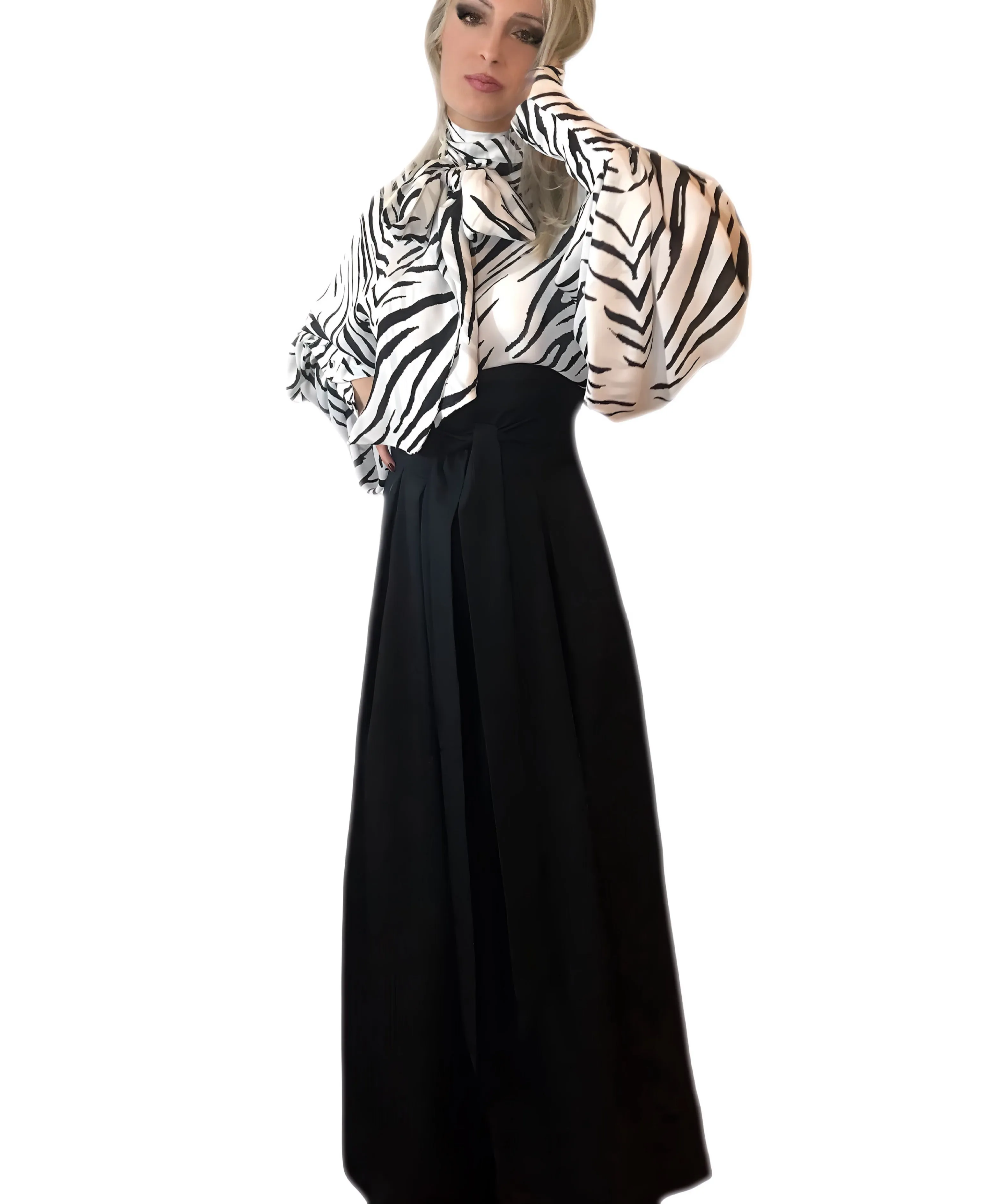 Pissy-Bow Zebra-Print Silk Georgette Balloon Sleeve Shirt