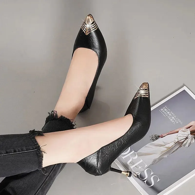 Pointed Toe Soft Leather Shallow Mouth Stilettos High Heels For Women Spring Autumn All-match Black Ladies Office Dress Shoes