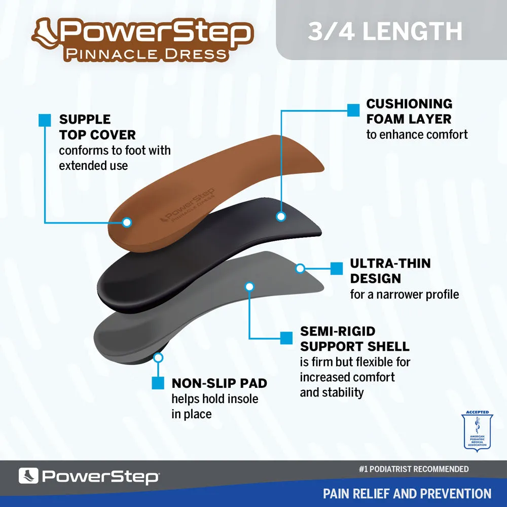 PowerStep Dress 3/4 Insoles | Arch Pain Relief Orthotic for Tight Dress Shoes