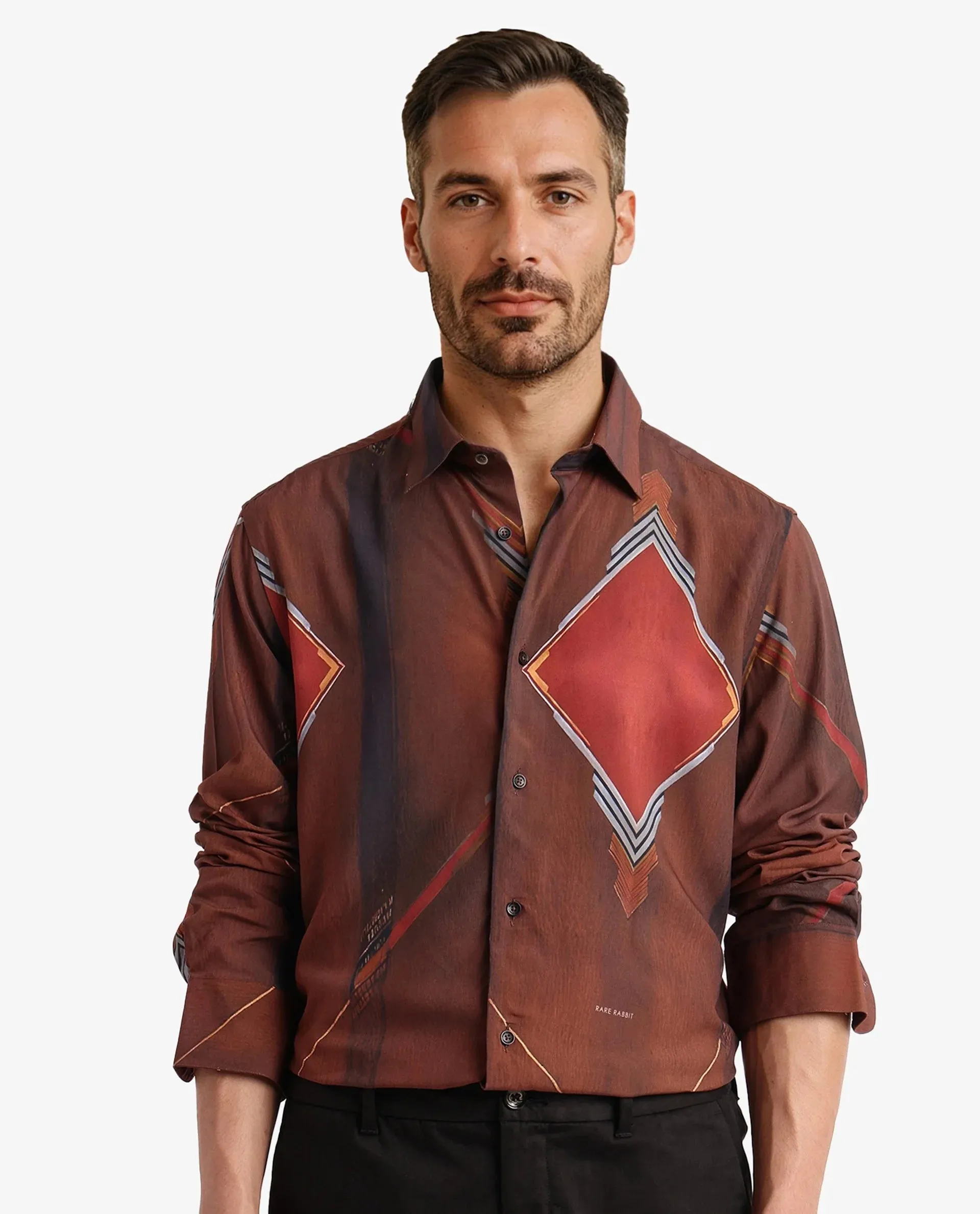 Rare Rabbit Men Avant Brown Full Sleeve Regular Fit Abstract Print Shirt