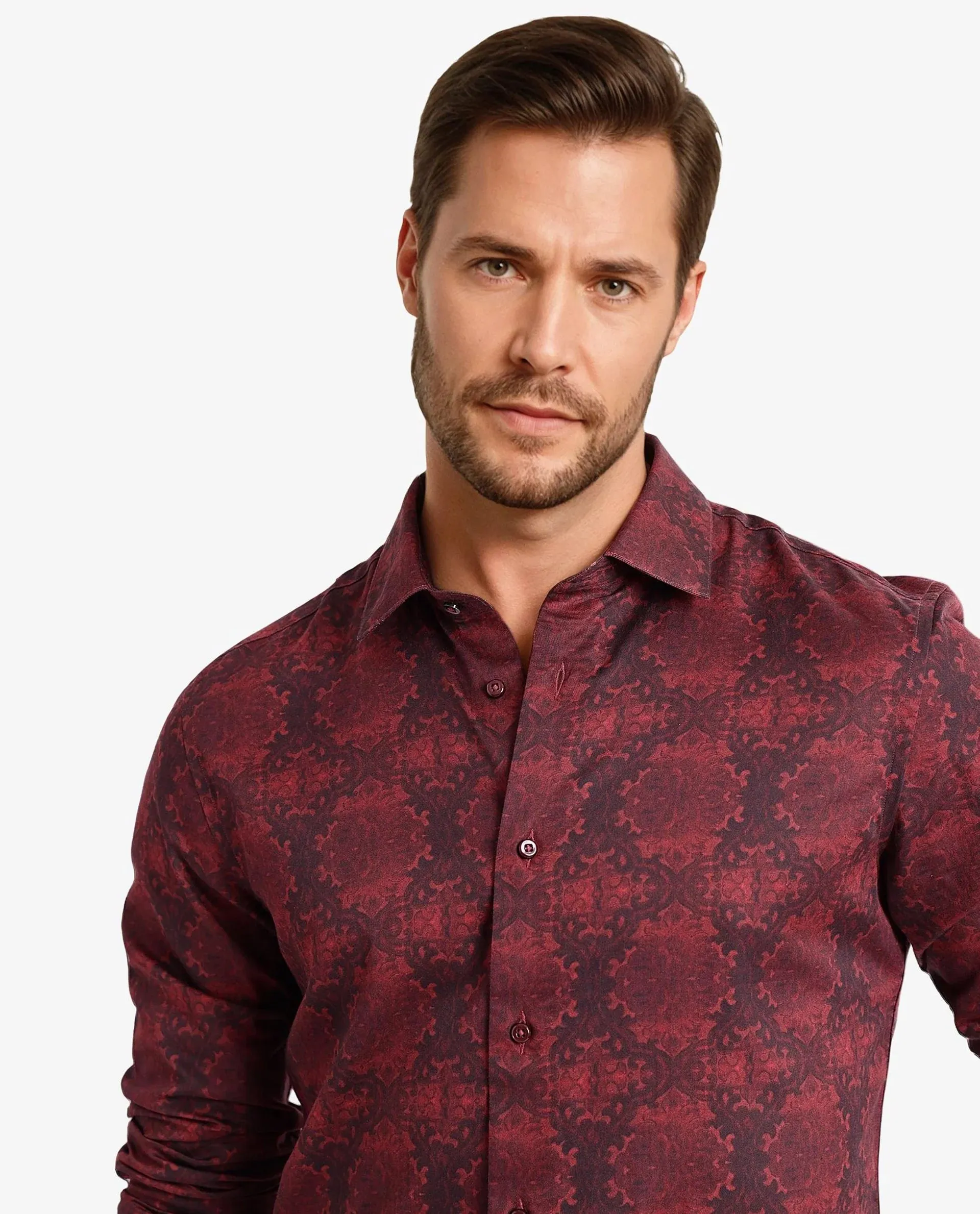 Rare Rabbit Men Steno Maroon Full Sleeve Regular Collar Button Closure Regular Fit Decorative  Print Shirt