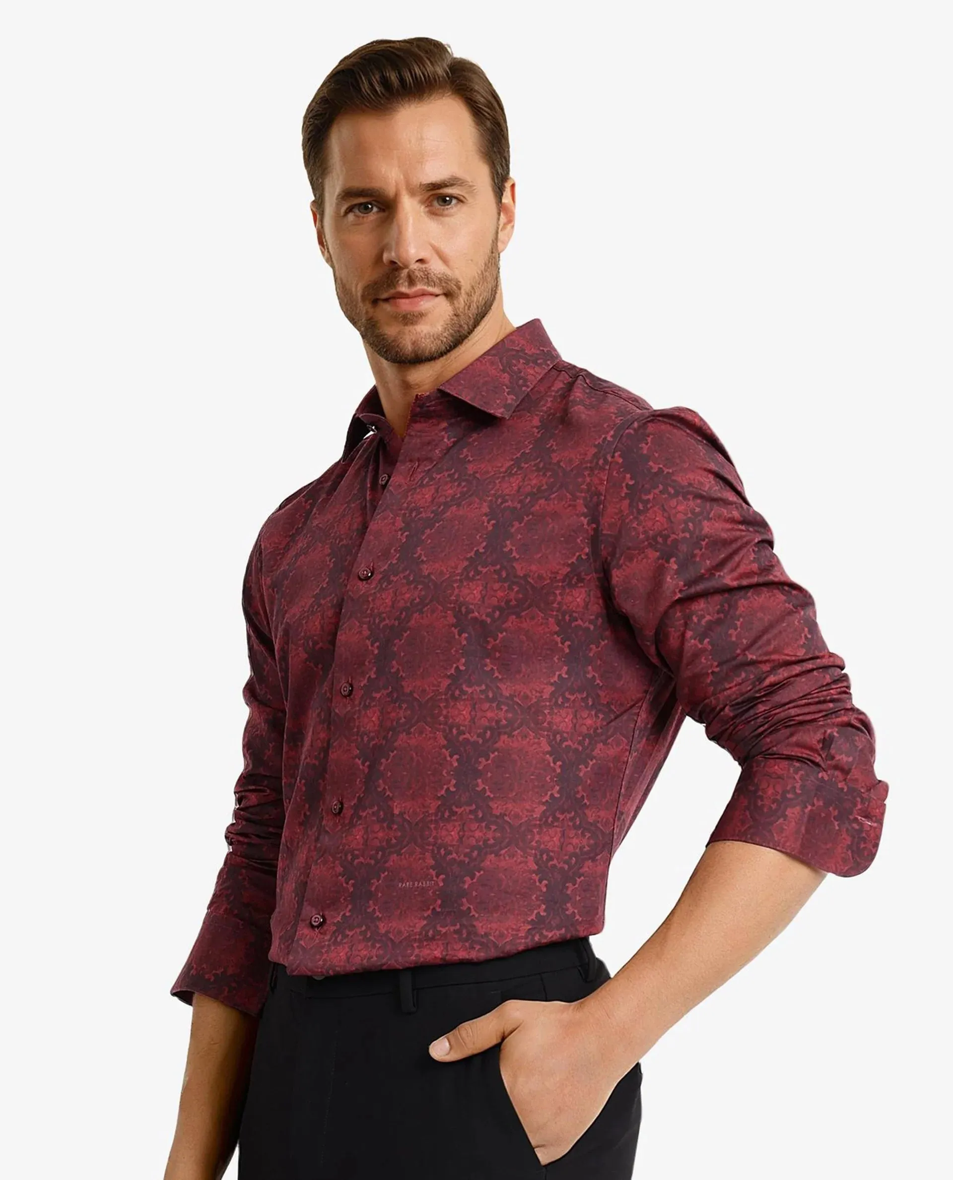 Rare Rabbit Men Steno Maroon Full Sleeve Regular Collar Button Closure Regular Fit Decorative  Print Shirt