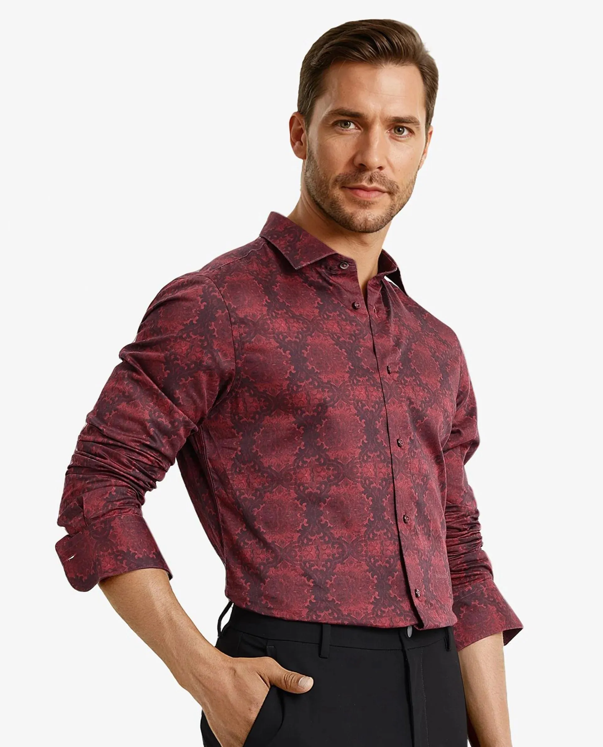 Rare Rabbit Men Steno Maroon Full Sleeve Regular Collar Button Closure Regular Fit Decorative  Print Shirt