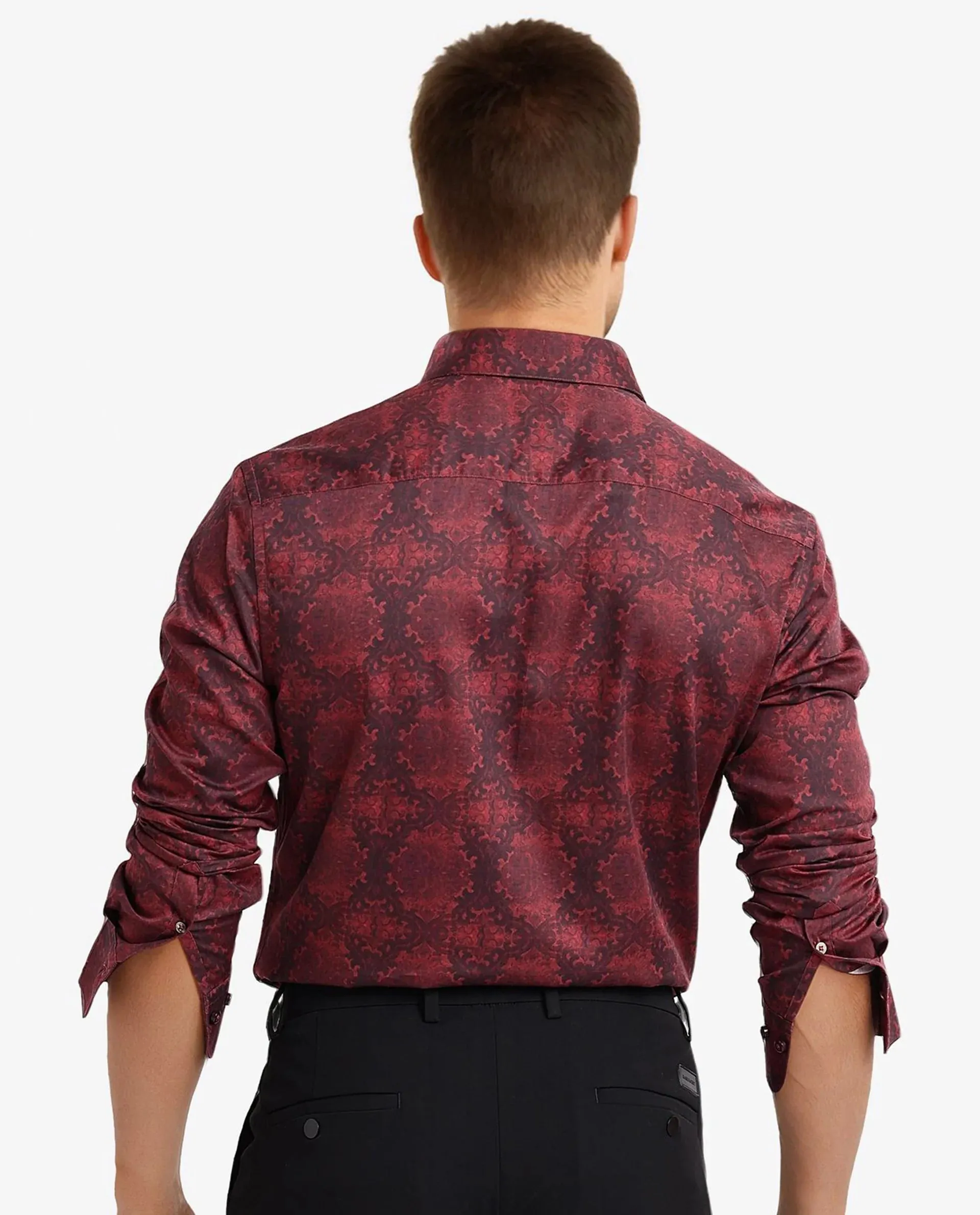 Rare Rabbit Men Steno Maroon Full Sleeve Regular Collar Button Closure Regular Fit Decorative  Print Shirt