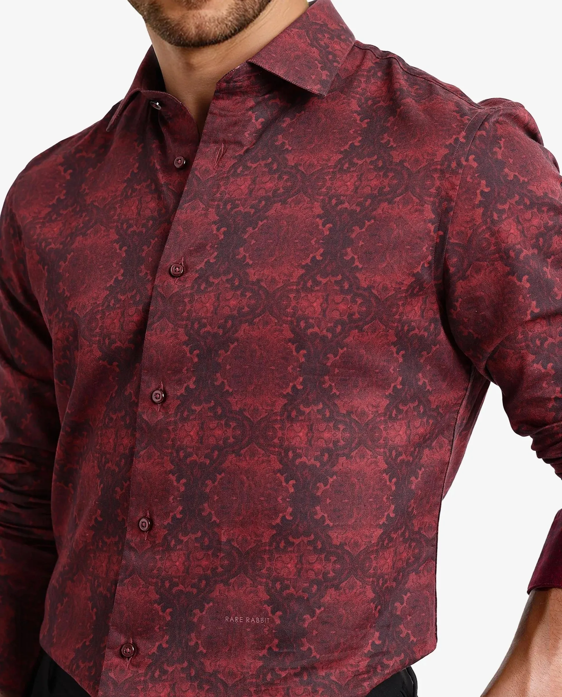 Rare Rabbit Men Steno Maroon Full Sleeve Regular Collar Button Closure Regular Fit Decorative  Print Shirt