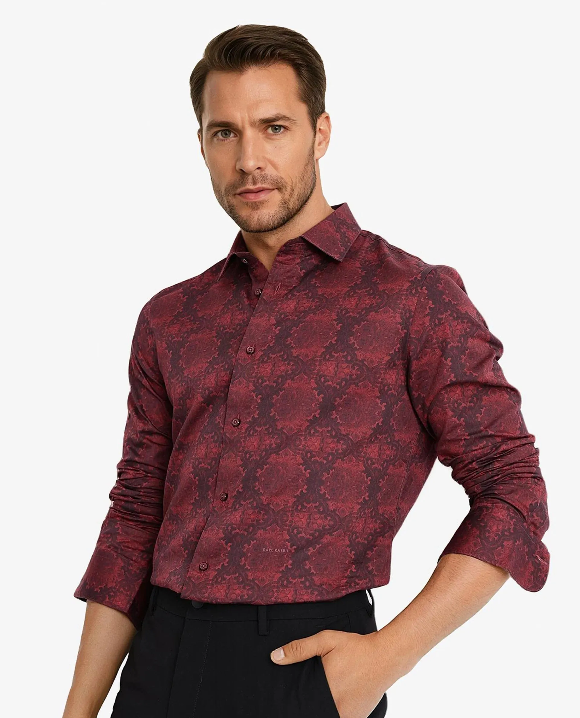 Rare Rabbit Men Steno Maroon Full Sleeve Regular Collar Button Closure Regular Fit Decorative  Print Shirt