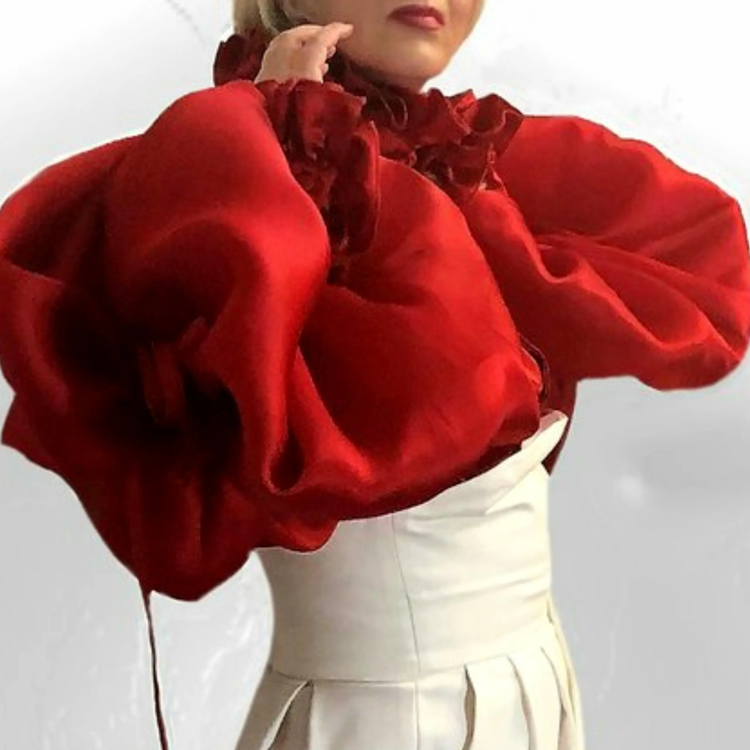 Red Frill Satin Shirt & Extra Long Satin Faced Silk Organza Sleeves in sizes XS S M L XL 2XL 3XL 4XL