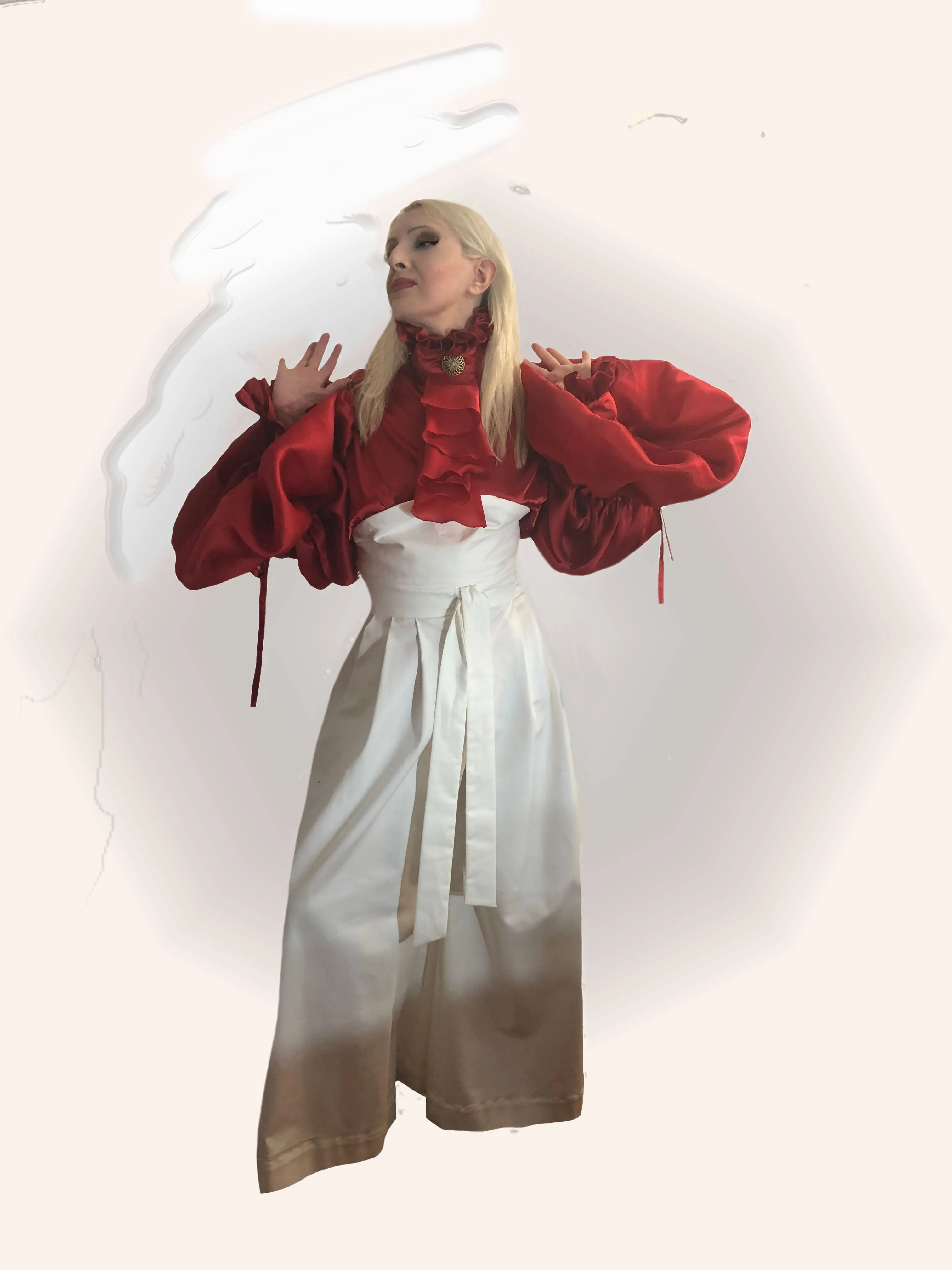 Red Frill Satin Shirt & Extra Long Satin Faced Silk Organza Sleeves in sizes XS S M L XL 2XL 3XL 4XL