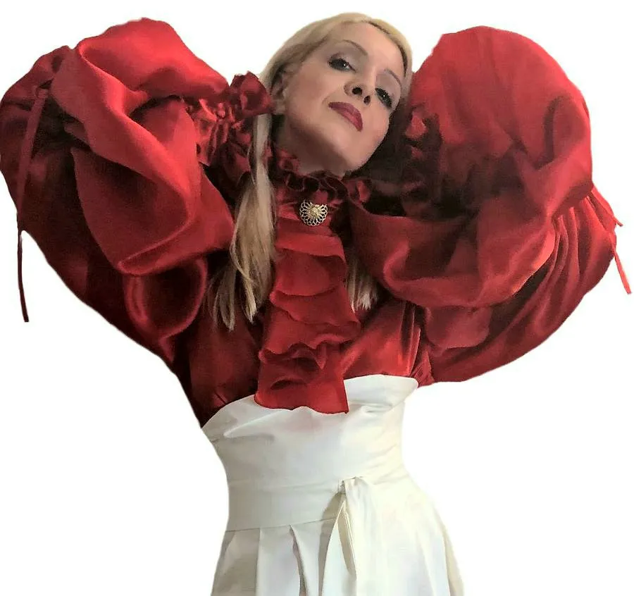 Red Frill Satin Shirt & Extra Long Satin Faced Silk Organza Sleeves in sizes XS S M L XL 2XL 3XL 4XL