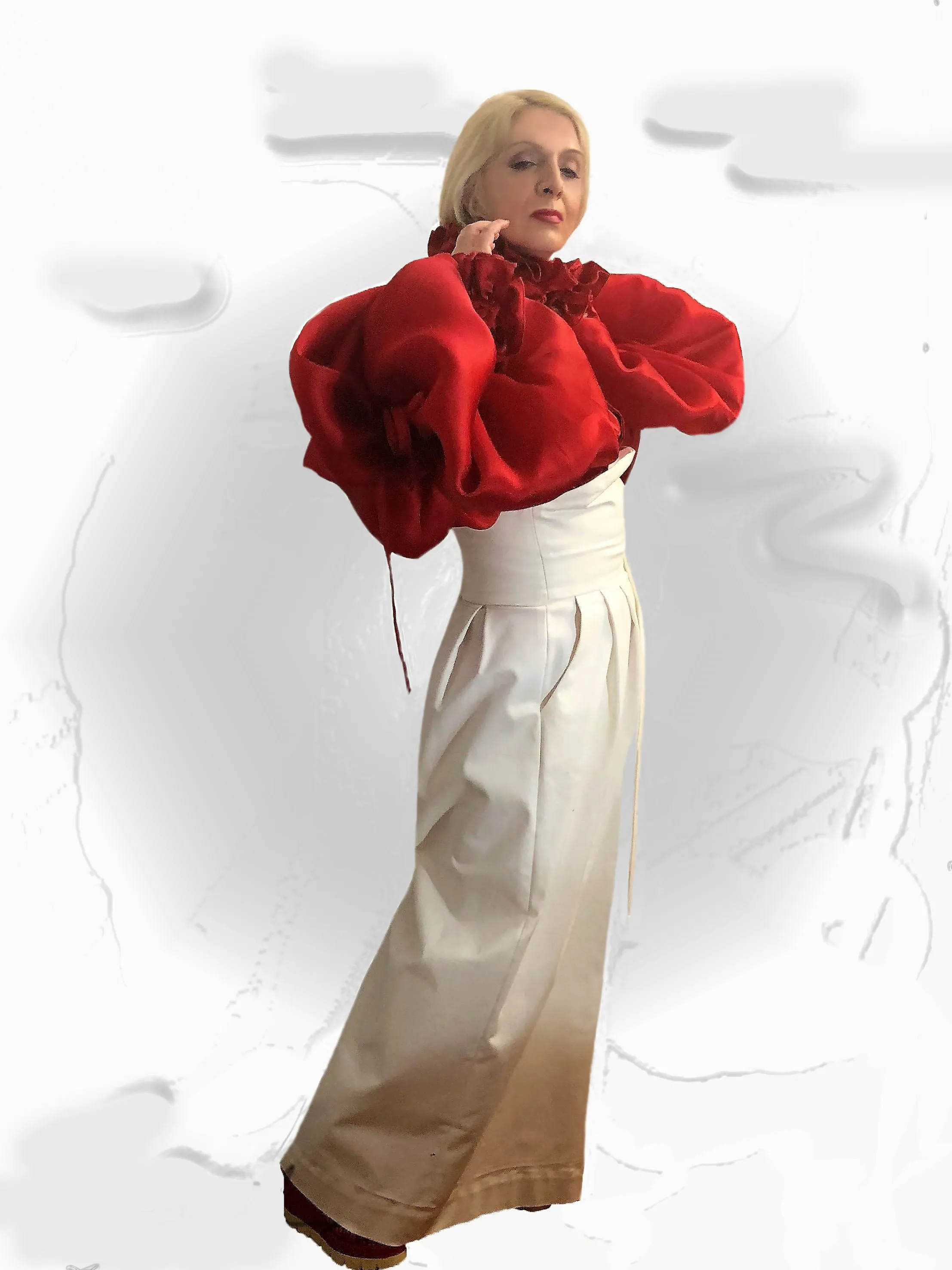 Red Frill Satin Shirt & Extra Long Satin Faced Silk Organza Sleeves in sizes XS S M L XL 2XL 3XL 4XL