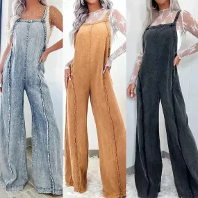 Retro Washed Raw Edge Denim Wide-leg Suspender Denim  Jumpsuit Baggy Denim Jeans Jumper