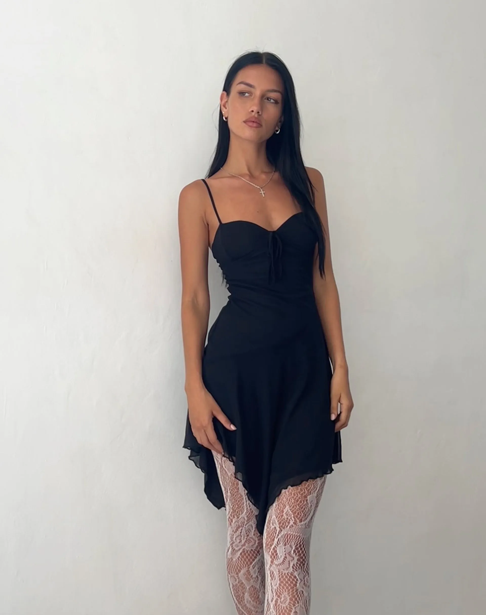 Romily Tie Front Mini Dress in Black Mesh