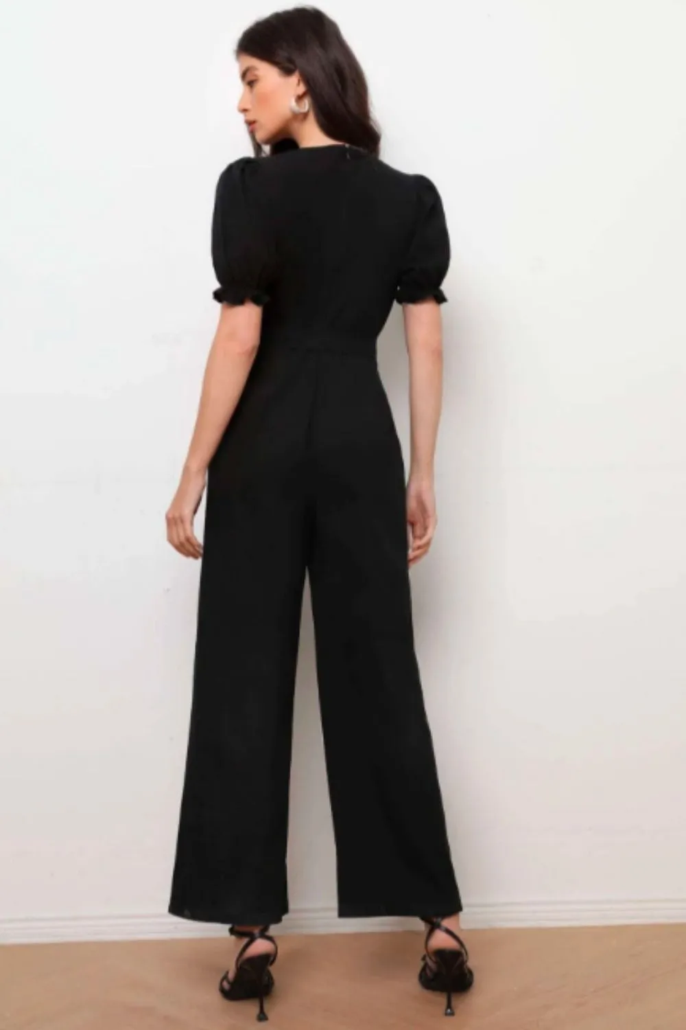 Ruffle Cuff Puff Sleeve Self Belted Jumpsuit