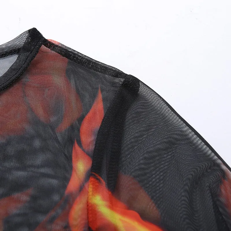 Sexy Rave Mesh Transparent Flaming Fire Printed O-Neck Slim Long Sleeve