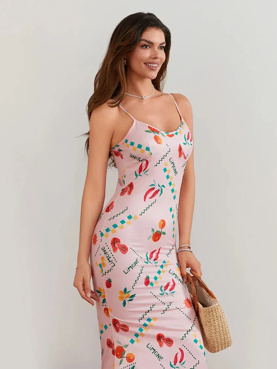 Slip Sleeveless Dress Summer Fruit Print V Neck Party Vacation Beach Streetwear Casual Women Dress