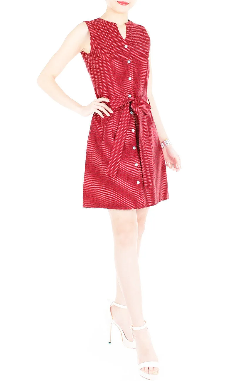 Snowflake Spots A-Line Button Down Dress with Belt - Red