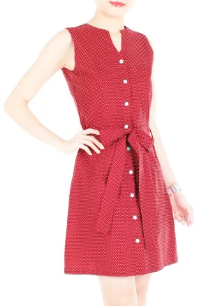 Snowflake Spots A-Line Button Down Dress with Belt - Red