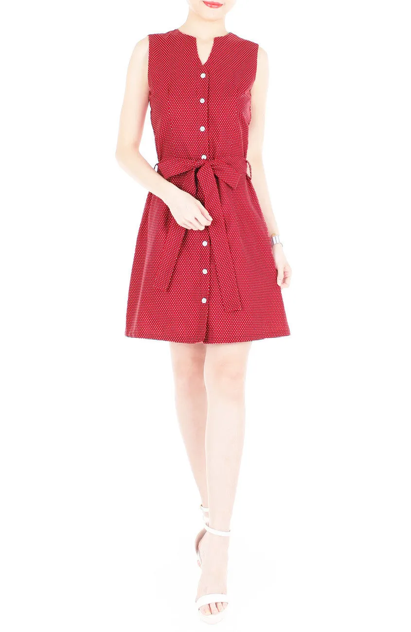 Snowflake Spots A-Line Button Down Dress with Belt - Red