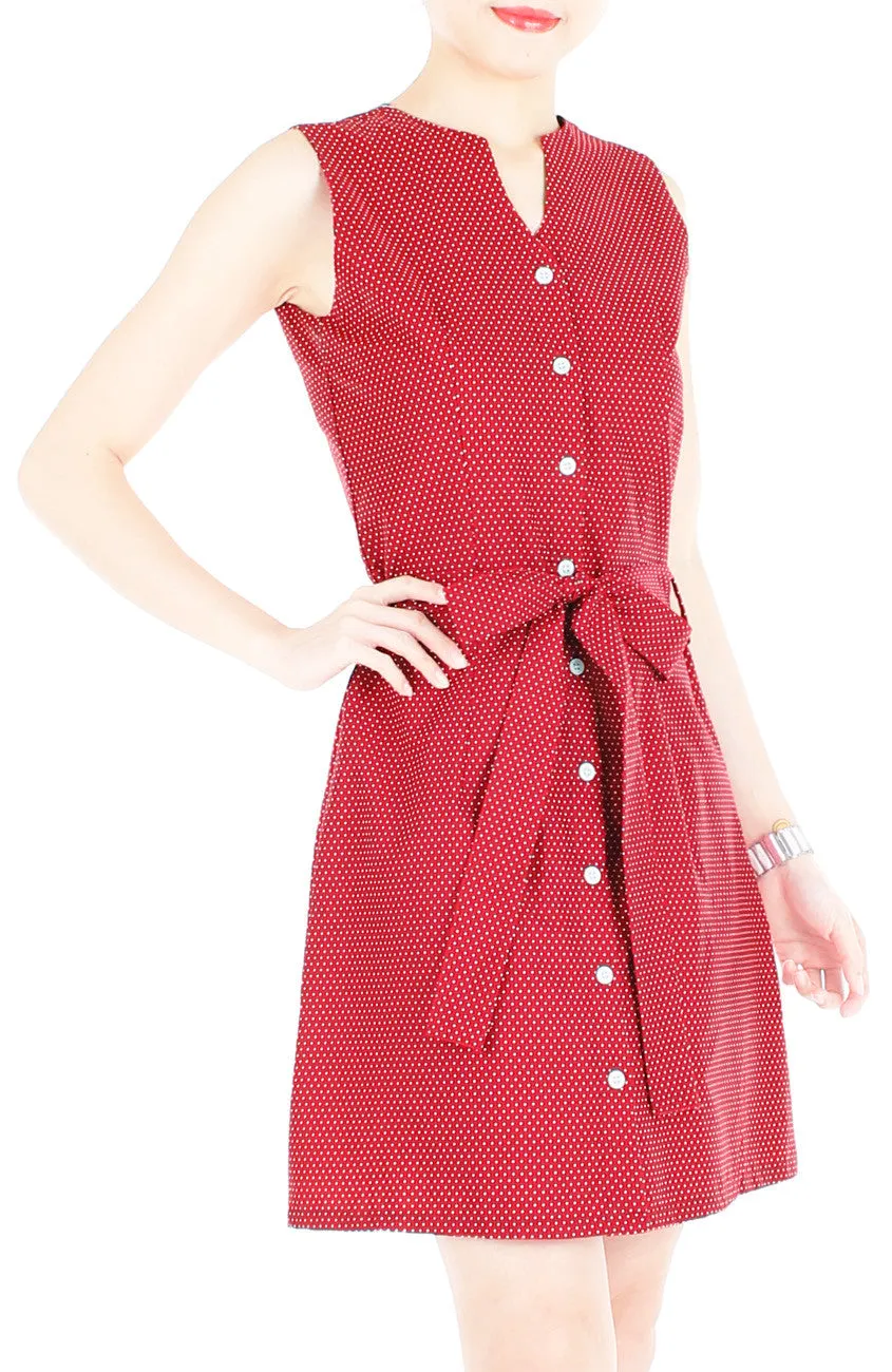 Snowflake Spots A-Line Button Down Dress with Belt - Red