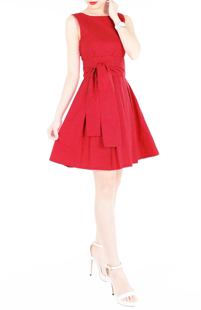 Snowflake Spots Flare Dress with Obi Belt - Cherry Red