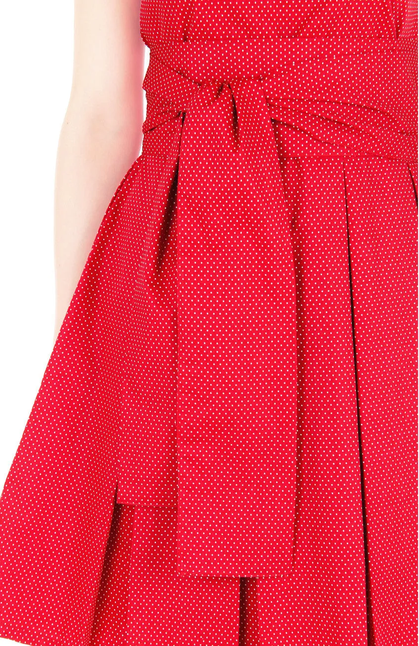 Snowflake Spots Flare Dress with Obi Belt - Cherry Red