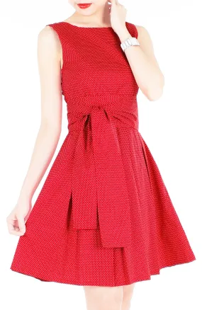 Snowflake Spots Flare Dress with Obi Belt - Cherry Red