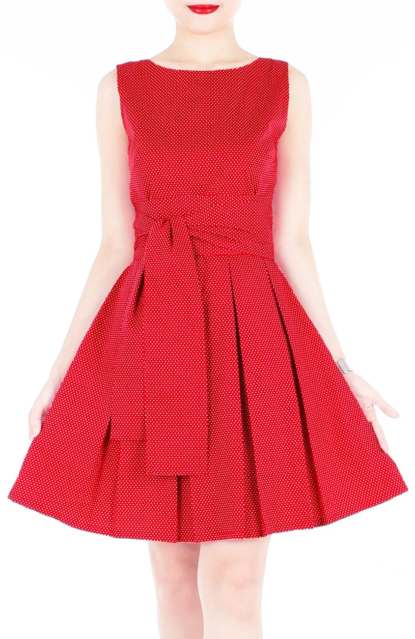 Snowflake Spots Flare Dress with Obi Belt - Cherry Red