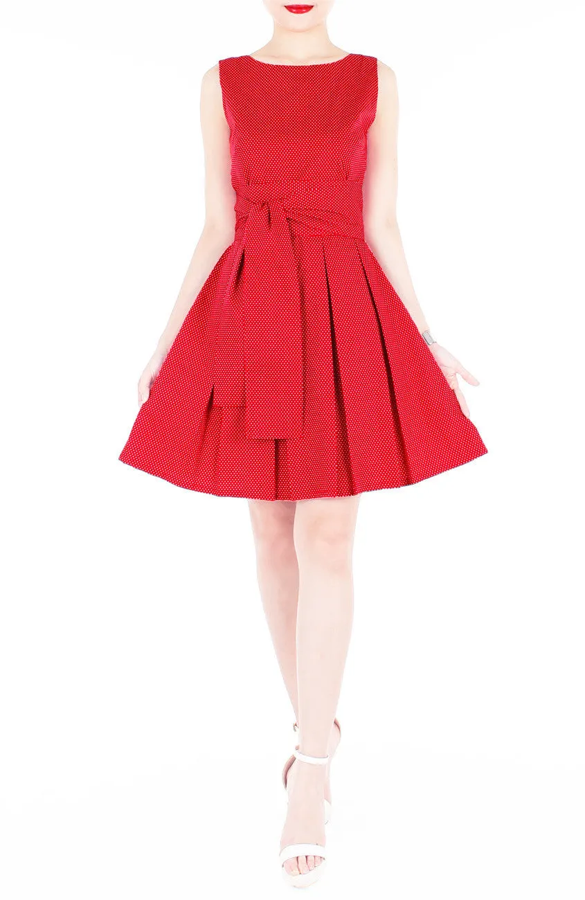 Snowflake Spots Flare Dress with Obi Belt - Cherry Red