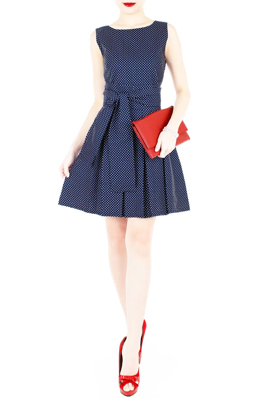 Snowflake Spots Flare Dress with Obi Belt - Night Blue