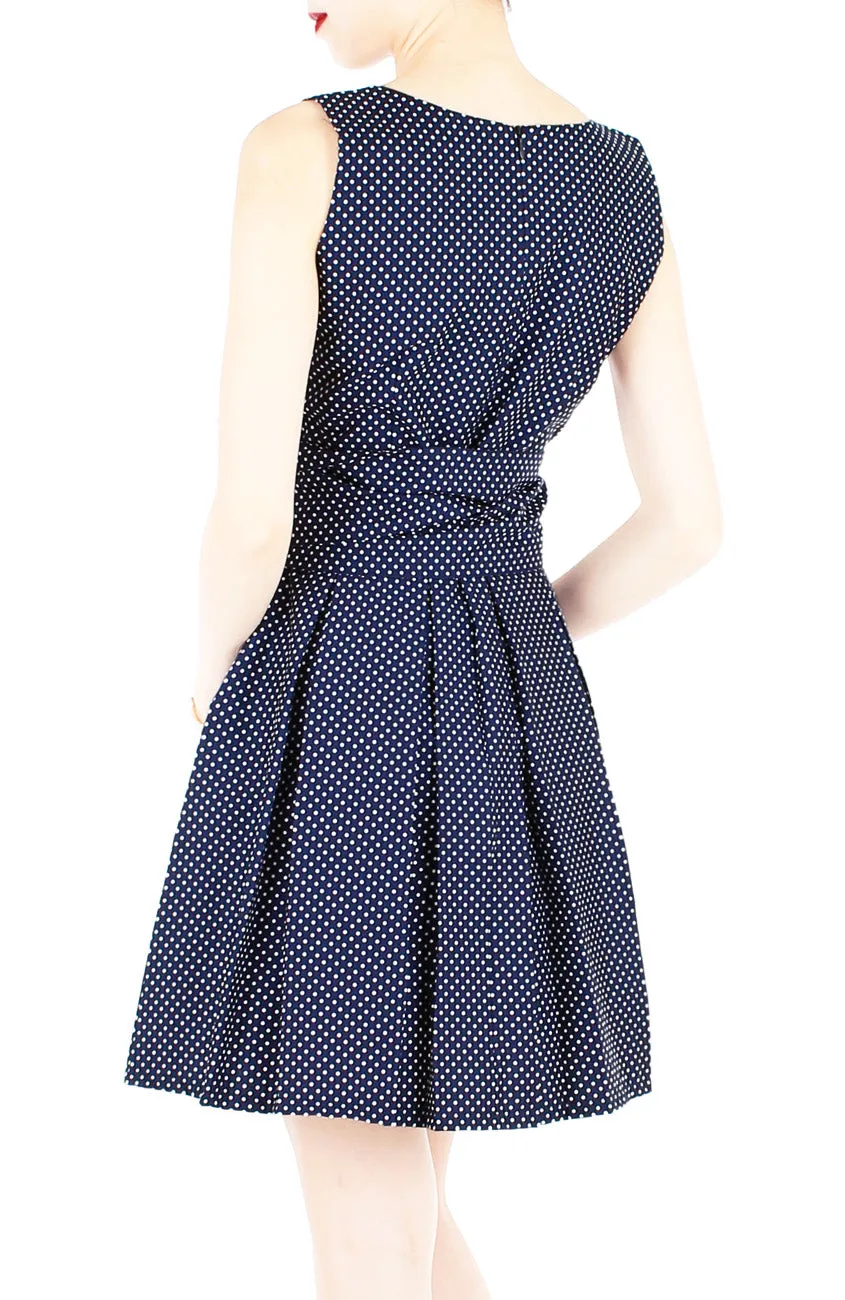 Snowflake Spots Flare Dress with Obi Belt - Night Blue