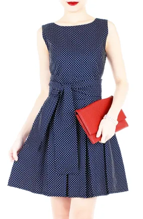 Snowflake Spots Flare Dress with Obi Belt - Night Blue